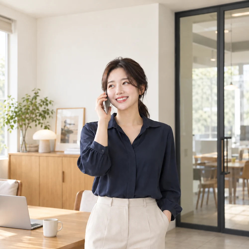 밝은 상담 공간에서 휴대전화로 문의하며 웃고 있는 고객의 모습